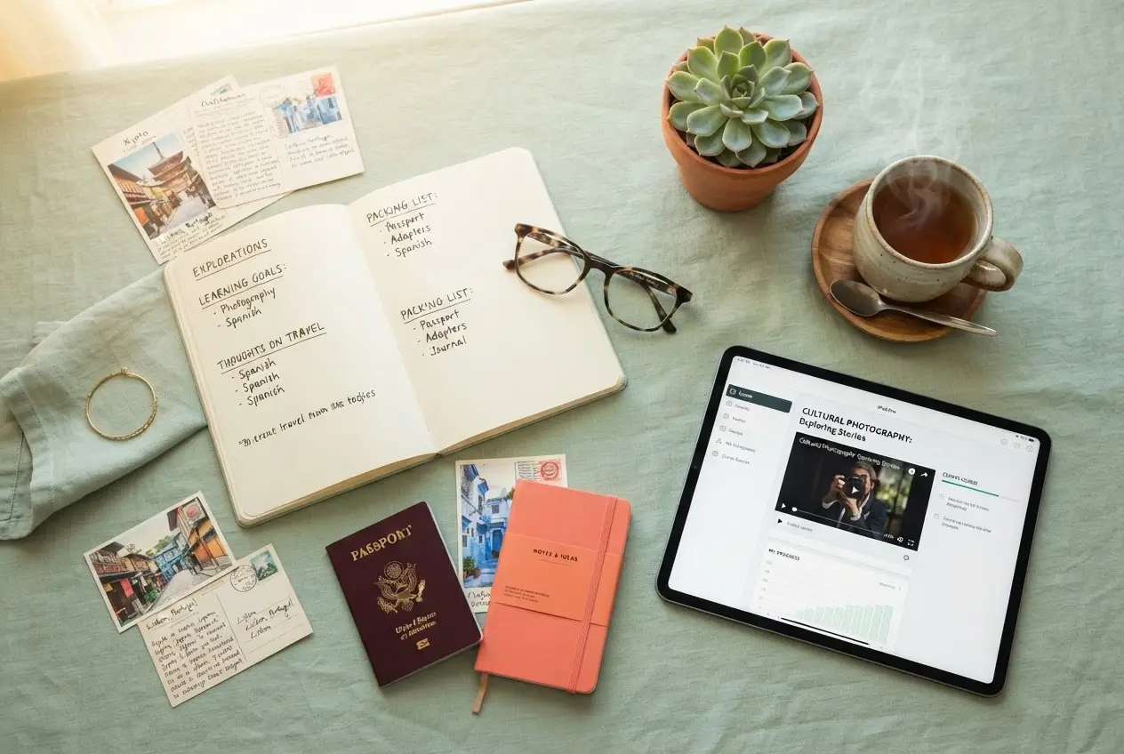 Lifestyle flat-lay with journal, tea, and tablet