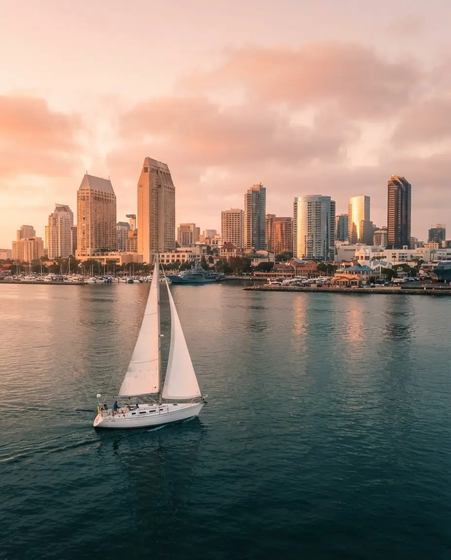 San Diego waterfront with sailboat and downtown skyline