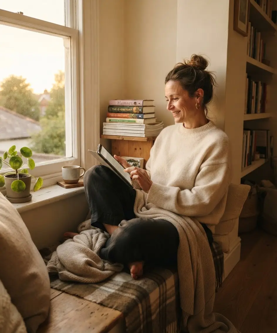 Cozy at-home reading nook scene